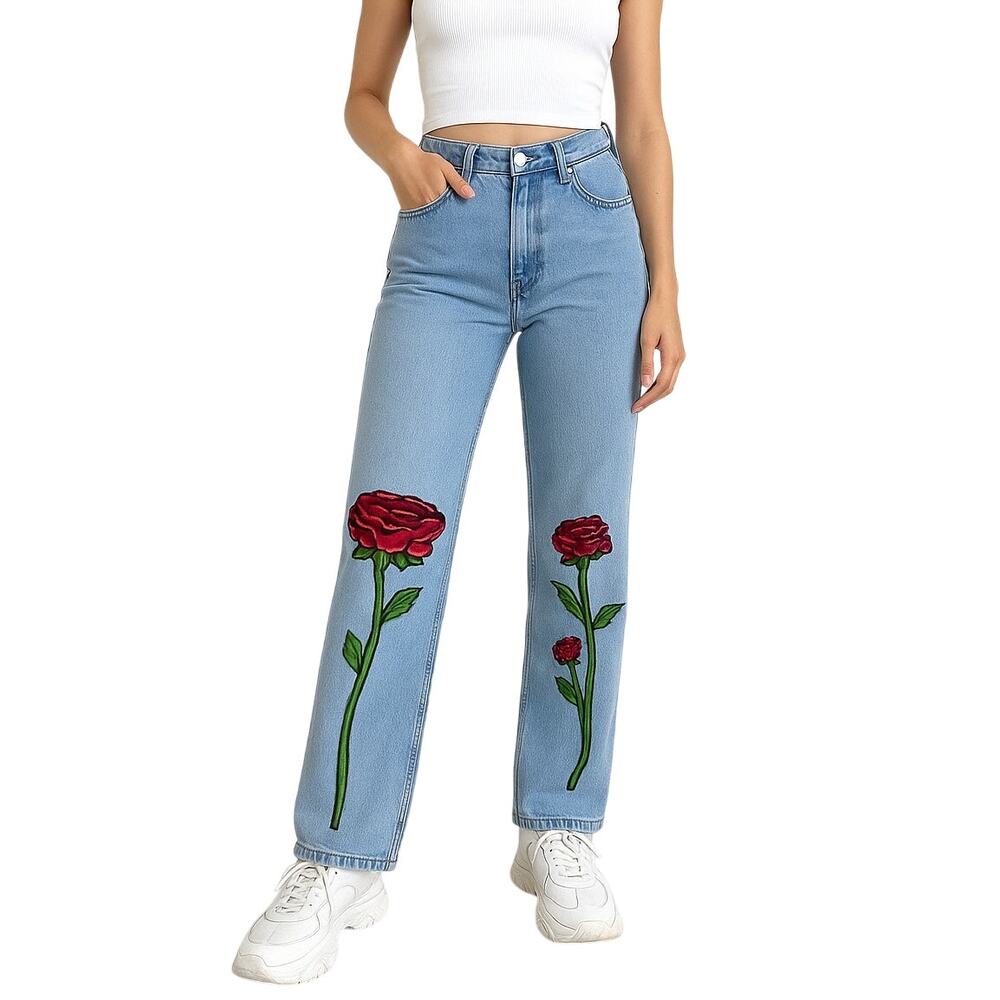 Y2k Vintage LEI Reworked Hand Painted Floral High Rise Straight Leg Jeans 26"